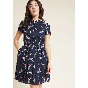 Modcloth Joyfully Committed Blue Hummingbirds Shirt Dress Size M